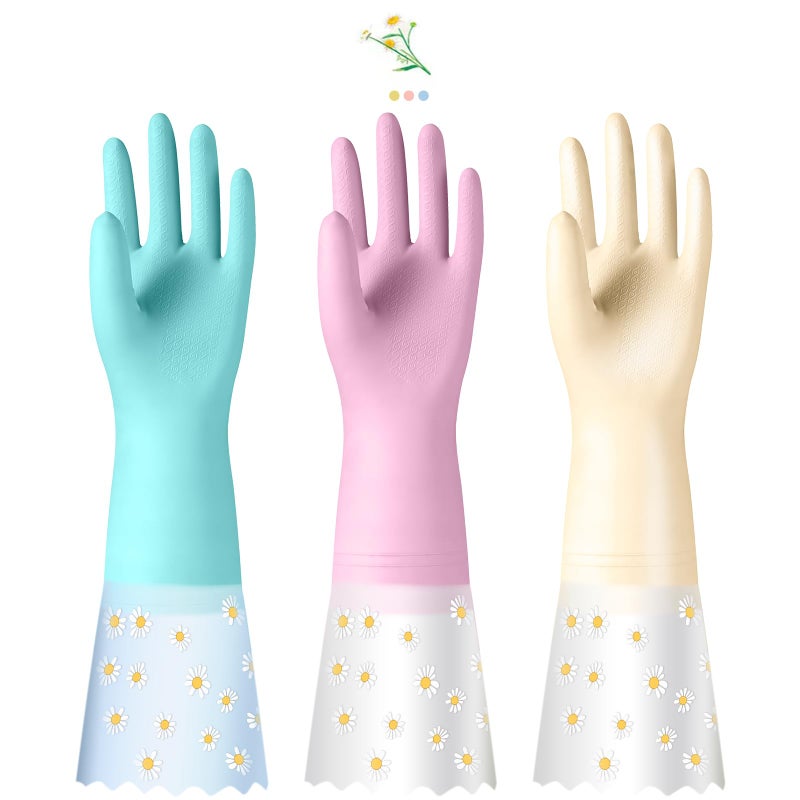 KAQ Reusable Rubber Cleaning Gloves for Dishwashing 3 Pairs Latex Free Household Kitchen Gloves for Washing Dishes