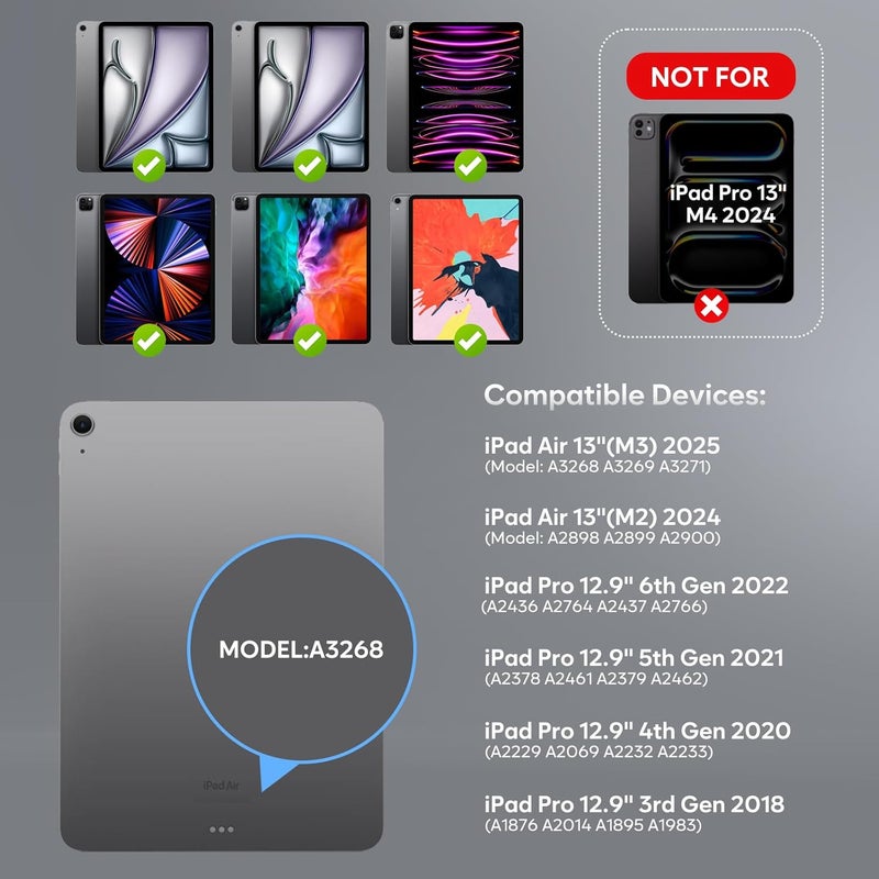حافظة لوحة مفاتيح لجهاز iPad Air 13 بوصة M4 2026/ M3 2025/M2 2024، iPad Pro 12.9 بوصة (الجيل الثالث/الرابع/الخامس/السادس) 2022 2021 2020 2018، غطاء حماية مغناطيسي قابل للفصل مع لوحة لمس وحامل قلم - أسود - Image 2