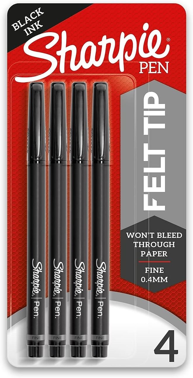 Sharpie أقلام تلوين بطرف شعري رفيع (0.4 مم) أقلام تلوين للتدوين أقلام رسم فنية سوداء 4 قطع - Image 1