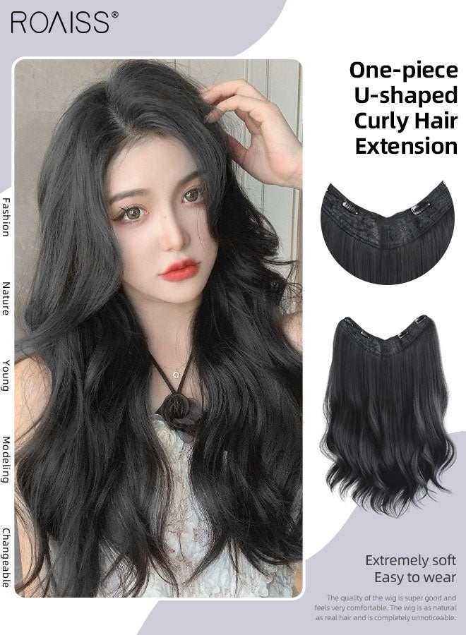 رويس وصلات شعر أسود طبيعي على شكل حرف U، وصلة شعر مموجة قطعة واحدة مع 4 مشابك، قطعة شعر صناعية مقاومة للحرارة للنساء والفتيات، 50 سم (19.7 بوصة) - Image 1