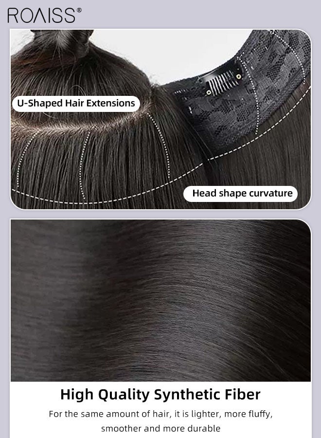 رويس وصلات شعر أسود طبيعي على شكل حرف U، وصلة شعر مموجة قطعة واحدة مع 4 مشابك، قطعة شعر صناعية مقاومة للحرارة للنساء والفتيات، 50 سم (19.7 بوصة) - Image 5