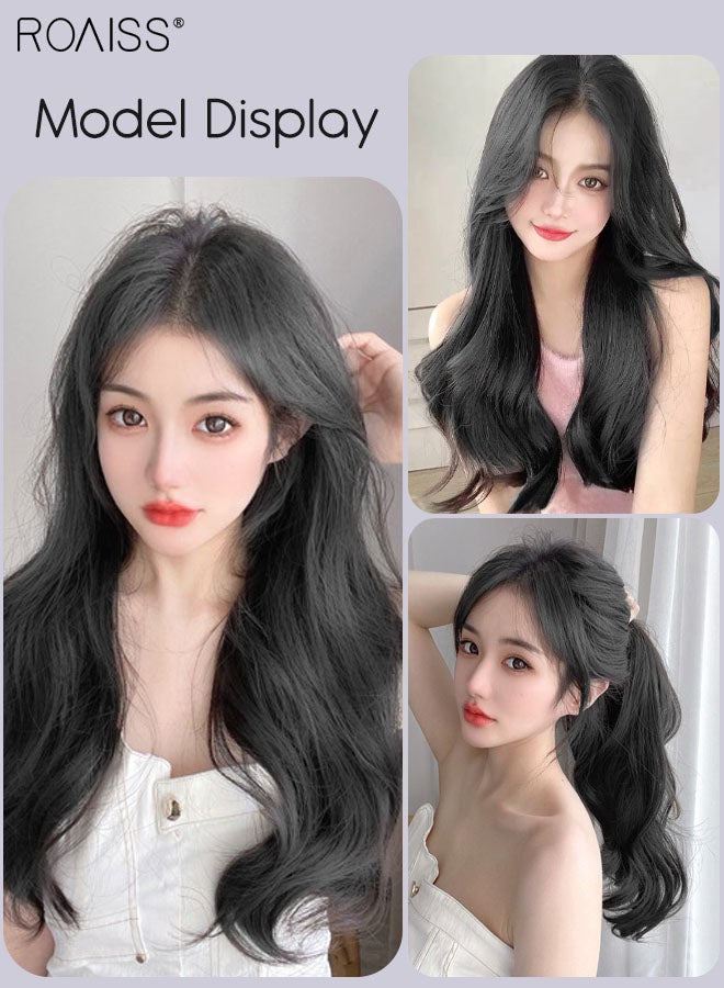 رويس وصلات شعر أسود طبيعي على شكل حرف U، وصلة شعر مموجة قطعة واحدة مع 4 مشابك، قطعة شعر صناعية مقاومة للحرارة للنساء والفتيات، 50 سم (19.7 بوصة) - Image 4