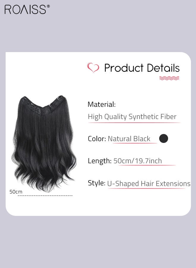 رويس وصلات شعر أسود طبيعي على شكل حرف U، وصلة شعر مموجة قطعة واحدة مع 4 مشابك، قطعة شعر صناعية مقاومة للحرارة للنساء والفتيات، 50 سم (19.7 بوصة) - Image 3