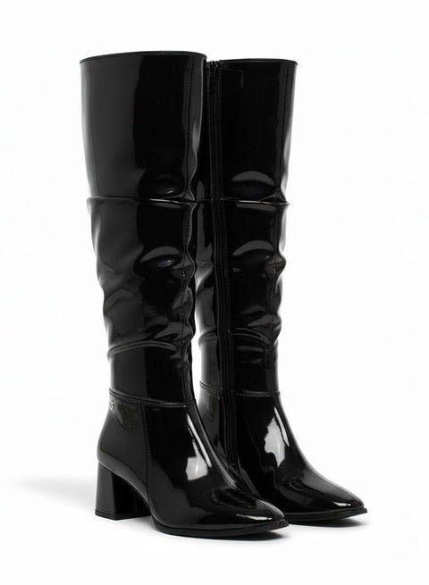 بوت طويل بكعب متوسط من الجلد اللامع LB-48 - اسود