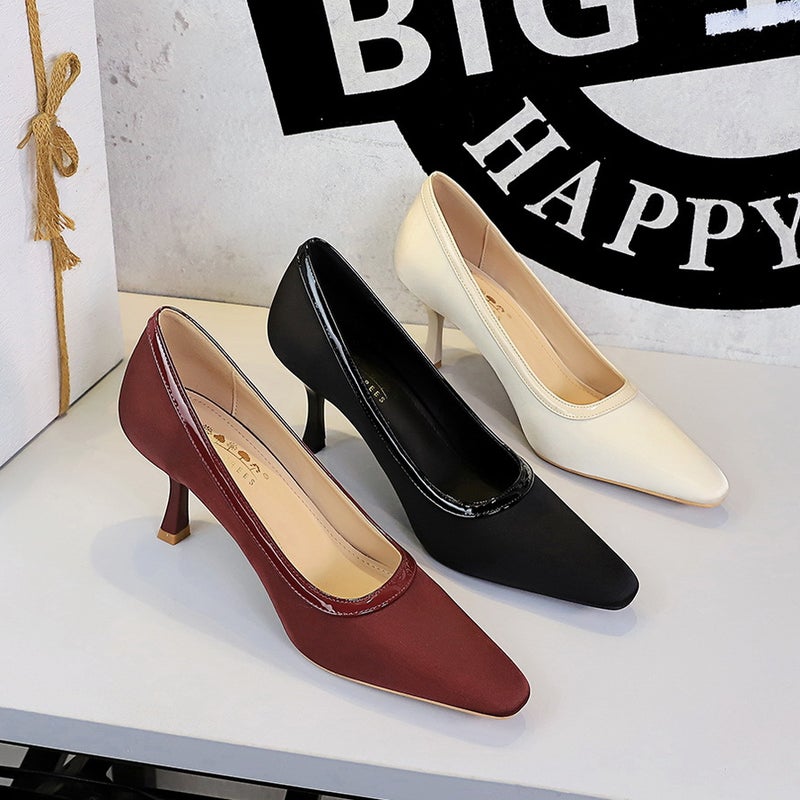 322 Simple Vintage Style Shallow Square-Toe High Heels For Women, Satin Thin Heels, Versatile And Comfortable, Elegant High-Heeled Shoes - Image 5