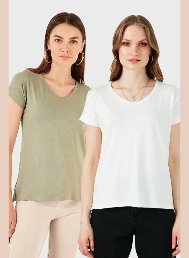 Lela Lela V-Neck Relaxed Fit Slit Detailed 2-Pack Blouse Women's BLOUSE 5862000S2