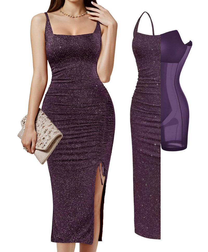 Popilush Sparkly Formal Dresses for Women Shapewear Cocktail Wedding Guest Dress Fall Square Neck Ruched Midi Dress Side Slit Purple - Image 1