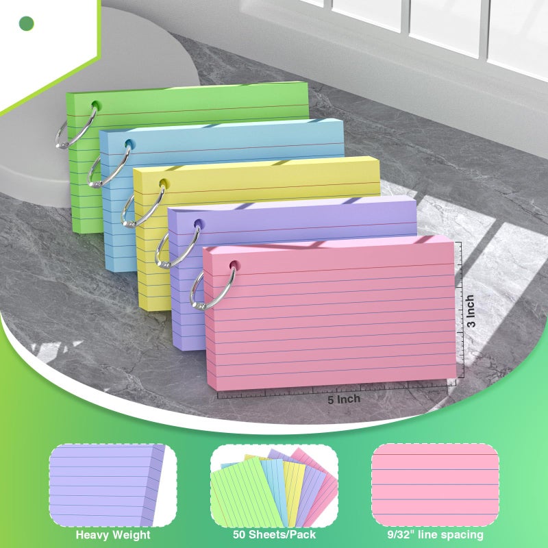 Nichela 250 Count Colored Index Cards with Ring 3 x 5 Inch Heavyweight Ruled Index Cards, Flash Cards for School & Office Supplies and Home Organization, Durable Study To Do List Note Cards with Ruled Lines - Image 2