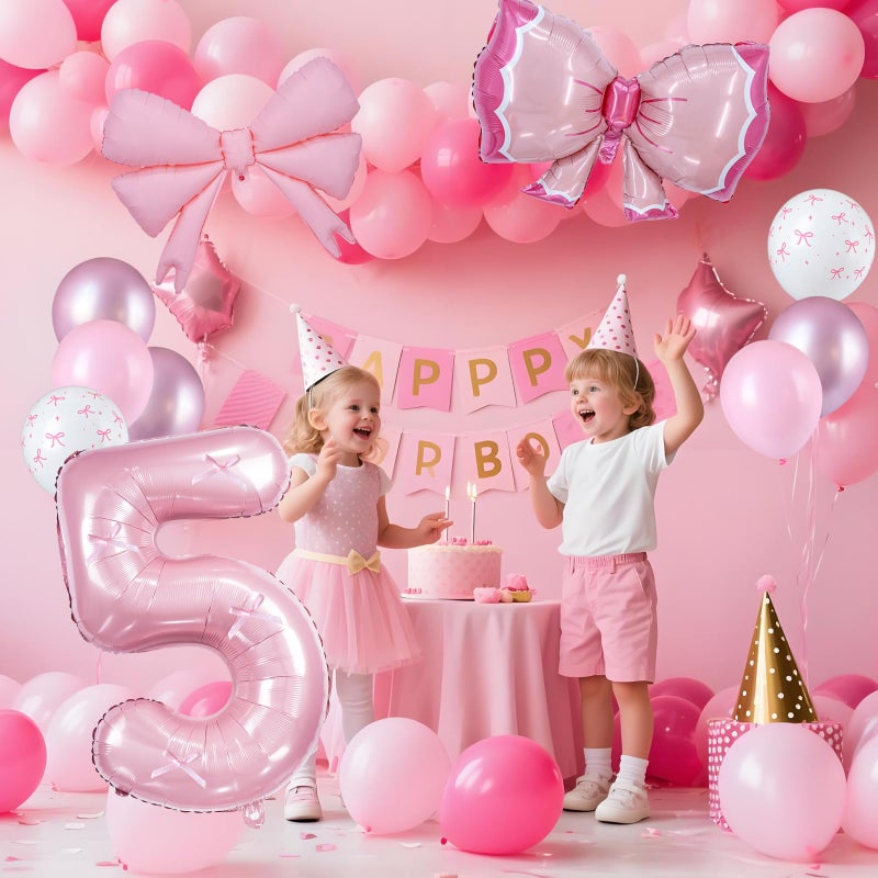 Zailo 32 Inch Bow Balloons, Light Pink White Clear Pastel Balloons for Girls Princess Baby Birthday Party Bow Theme Wedding Bachelorette Party Bride Engagement Anniversary Baby (Number 5) - Image 4