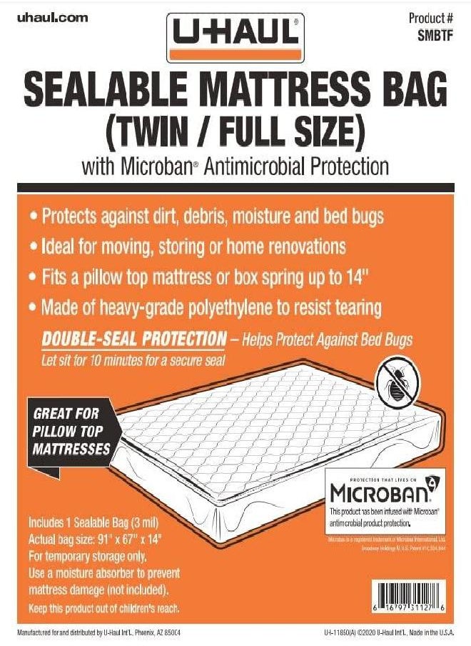 U-Haul - U-Haul Sealable Mattress Bag - Moving and Storage Protection for Mattress or Box Spring - 3 Mil (Twin or Full Size Mattress) - 91” x 67” x 14” - Image 1