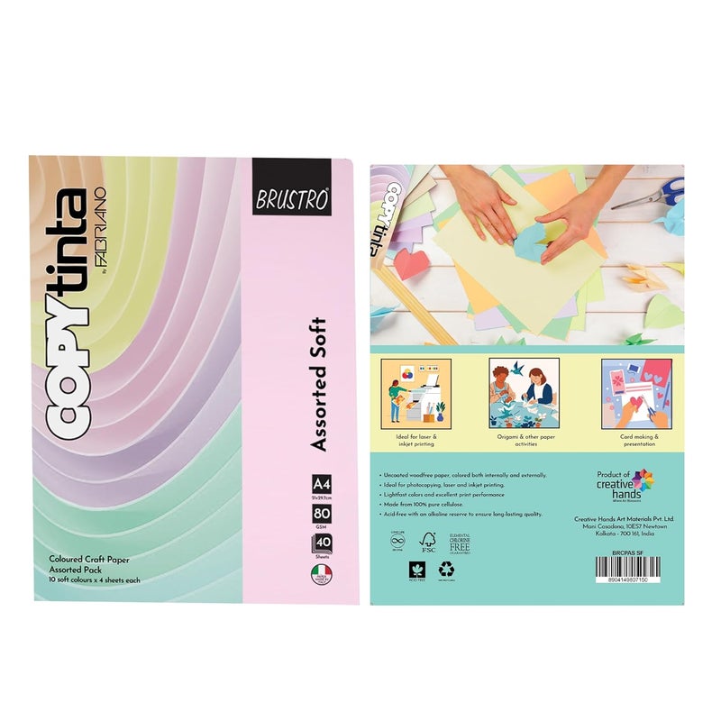 BRUSTRO Copytinta Coloured Craft Paper A4 Size 80 GSM Mixed Soft Colour 40 Sheets Pack (10 cols X 4 Sheets) Double Side Color for Office Printing, Art and Craft. - Image 2