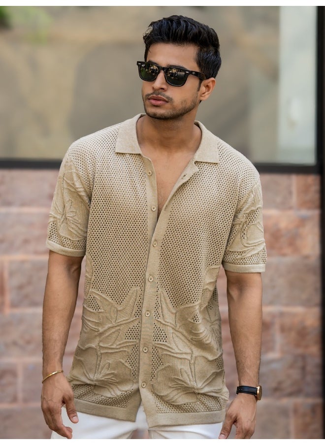 Maniac Maniac Mens Textured Collar Neck Half Sleeve Beige Cotton Shirt  - Image 1