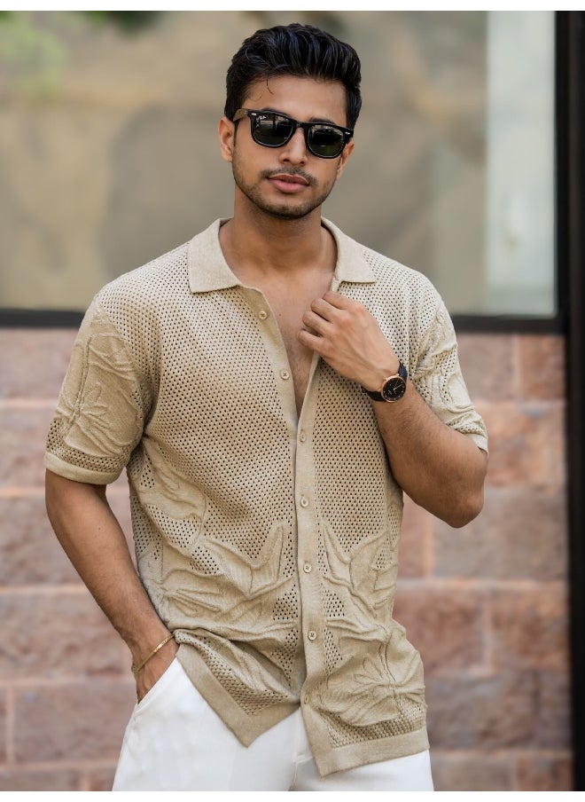 Maniac Maniac Mens Textured Collar Neck Half Sleeve Beige Cotton Shirt  - Image 2