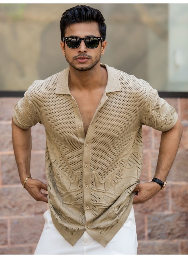 Maniac Maniac Mens Textured Collar Neck Half Sleeve Beige Cotton Shirt  - Image 3