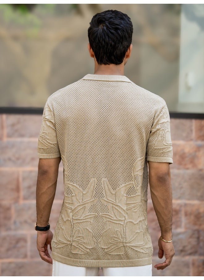 Maniac Maniac Mens Textured Collar Neck Half Sleeve Beige Cotton Shirt  - Image 4
