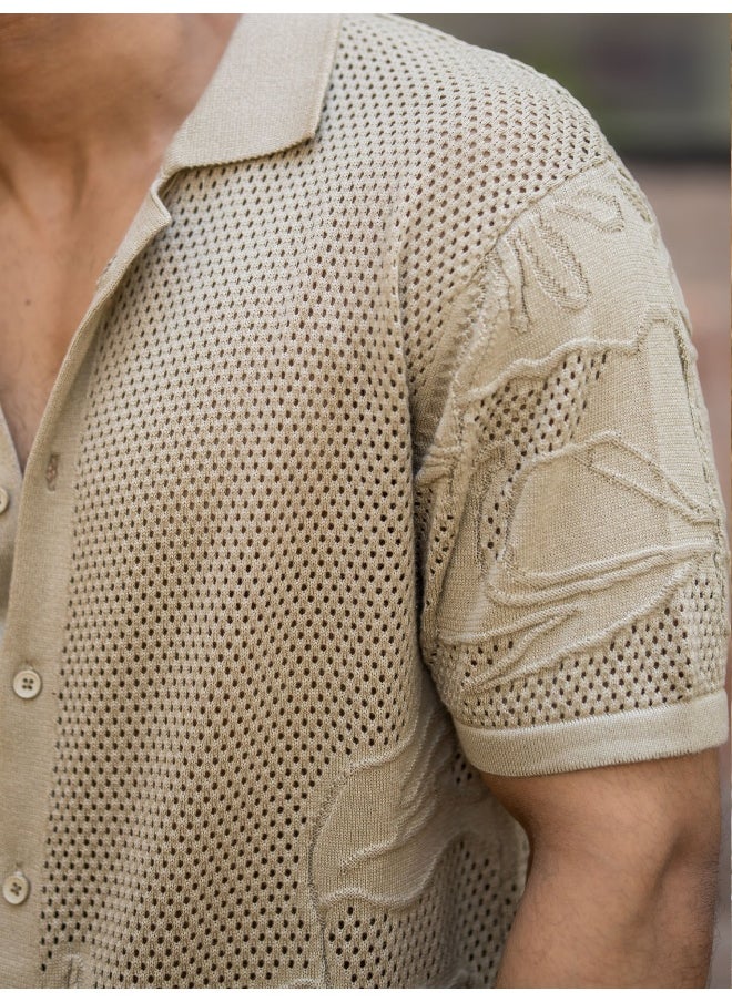Maniac Maniac Mens Textured Collar Neck Half Sleeve Beige Cotton Shirt  - Image 5