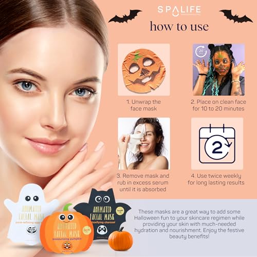SpaLife Facial Mask Sheet Bundle - Pumpkin, Ghost, Bat - Halloween Character Mask Bundle - Face Masks for Skin Care - Moisturizing Sheet Face Masks - Skincare Pack for Women - Spa Beauty Masks - Image 4