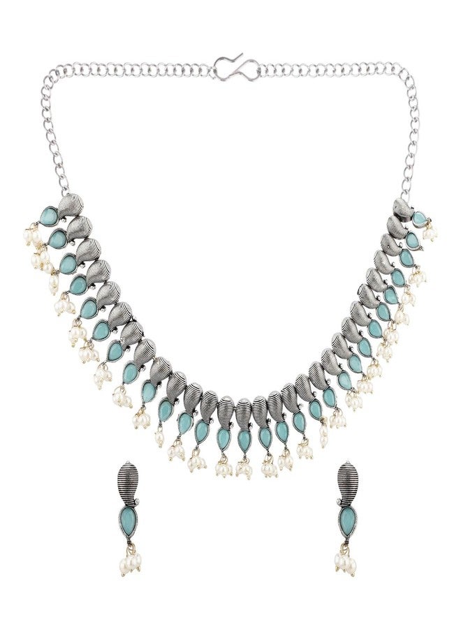 Efulgenz Indian Jewelry Sets for Women Indian Oxidized Jewelry Antique Boho Paisely Blue Crystal Stone Necklace Sets with Faux Pearl Drop Dangle Earrings Choker Necklace Earrings Set Bohemian Jewelry Set for Women - Image 1