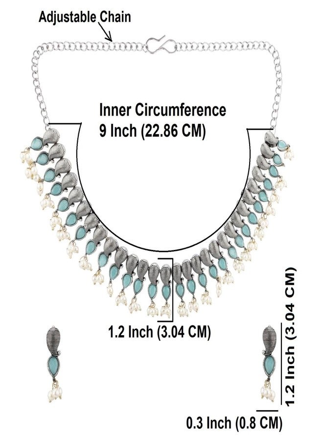 Efulgenz Indian Jewelry Sets for Women Indian Oxidized Jewelry Antique Boho Paisely Blue Crystal Stone Necklace Sets with Faux Pearl Drop Dangle Earrings Choker Necklace Earrings Set Bohemian Jewelry Set for Women - Image 4