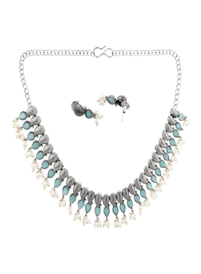 Efulgenz Indian Jewelry Sets for Women Indian Oxidized Jewelry Antique Boho Paisely Blue Crystal Stone Necklace Sets with Faux Pearl Drop Dangle Earrings Choker Necklace Earrings Set Bohemian Jewelry Set for Women - Image 5
