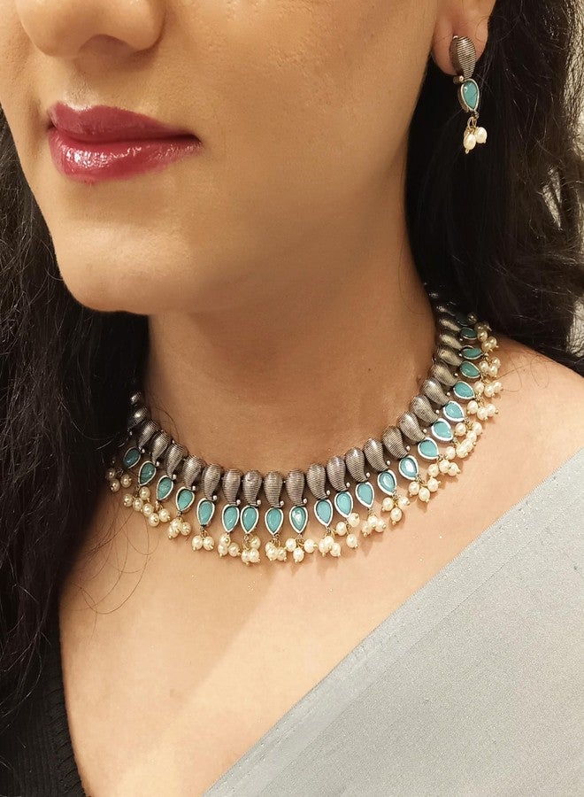 Efulgenz Indian Jewelry Sets for Women Indian Oxidized Jewelry Antique Boho Paisely Blue Crystal Stone Necklace Sets with Faux Pearl Drop Dangle Earrings Choker Necklace Earrings Set Bohemian Jewelry Set for Women - Image 3