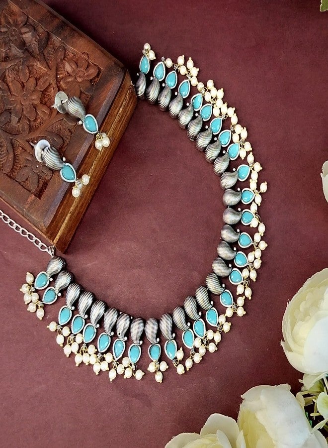 Efulgenz Indian Jewelry Sets for Women Indian Oxidized Jewelry Antique Boho Paisely Blue Crystal Stone Necklace Sets with Faux Pearl Drop Dangle Earrings Choker Necklace Earrings Set Bohemian Jewelry Set for Women - Image 2