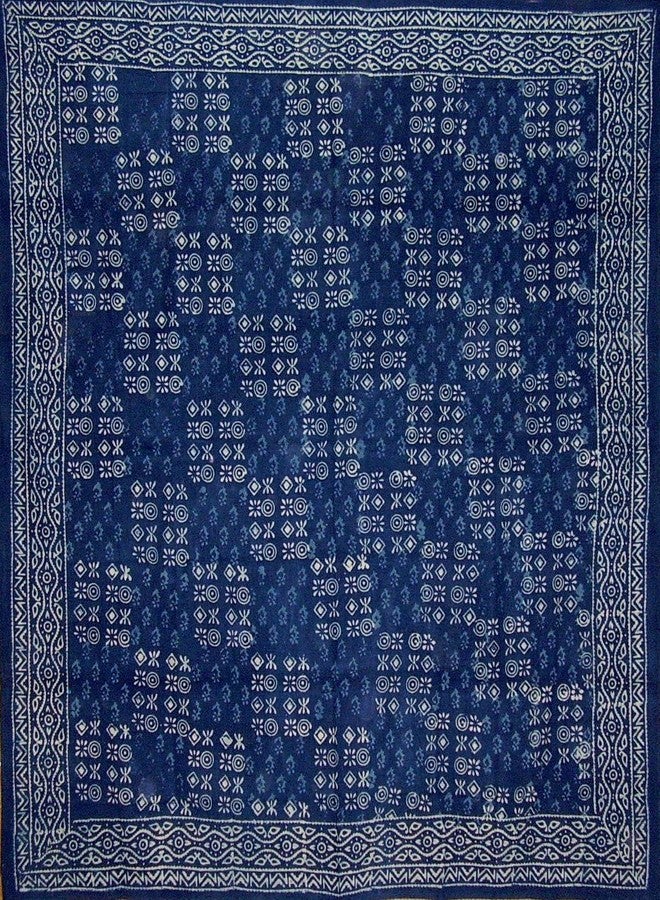 India Arts Hand Block Printed Square Dabu Cotton Tablecloth 70" x 70" Indigo Blue - Image 3