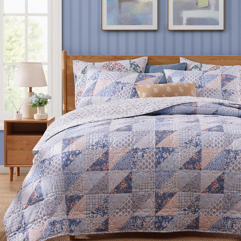 BLOOMHAVEN Quilt Set Queen Size, Patchwork Blue Pink Marigold Floral Quilt Sets, Reversible Bedspread Lightweight and Breathable for All Seasons, Soft Quilted Bedspread with 2 Pillow Shams - Image 1
