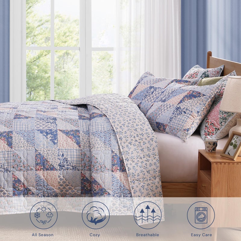 BLOOMHAVEN Quilt Set Queen Size, Patchwork Blue Pink Marigold Floral Quilt Sets, Reversible Bedspread Lightweight and Breathable for All Seasons, Soft Quilted Bedspread with 2 Pillow Shams - Image 3