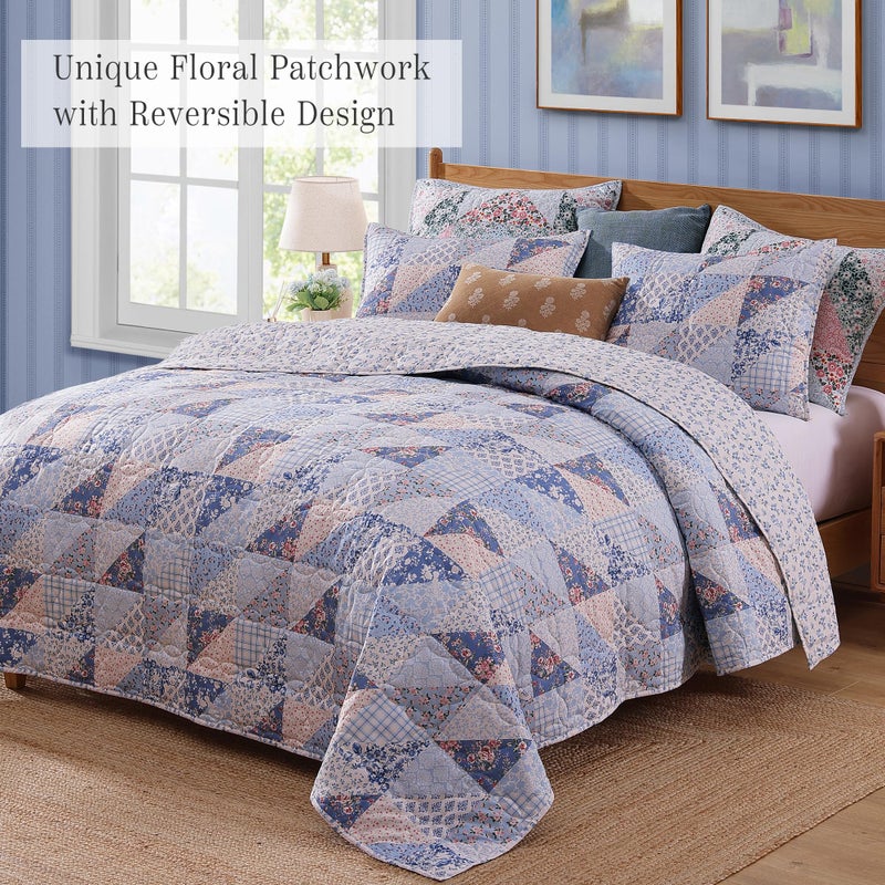 BLOOMHAVEN Quilt Set Queen Size, Patchwork Blue Pink Marigold Floral Quilt Sets, Reversible Bedspread Lightweight and Breathable for All Seasons, Soft Quilted Bedspread with 2 Pillow Shams - Image 2