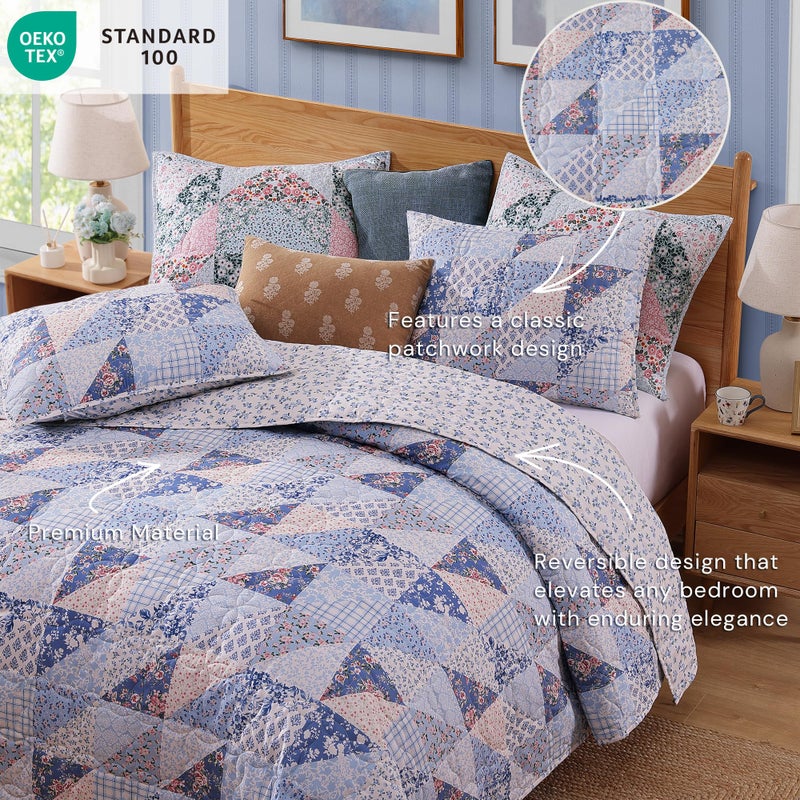 BLOOMHAVEN Quilt Set Queen Size, Patchwork Blue Pink Marigold Floral Quilt Sets, Reversible Bedspread Lightweight and Breathable for All Seasons, Soft Quilted Bedspread with 2 Pillow Shams - Image 5