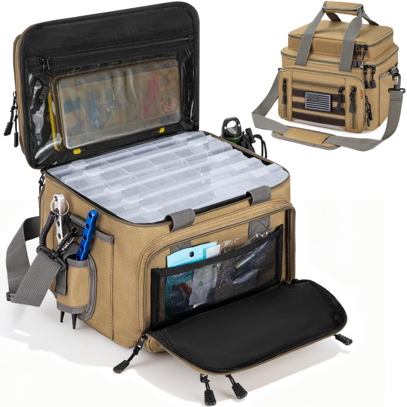 FREEAMG Fishing Tackle Bag - Holds 3400-3600 Size Tackle Boxes -Saltwater & Freshwater Fishing Bags - Padded Shoulder Strap Fishing Bags (Kahki) (Bag Only) - Image 1
