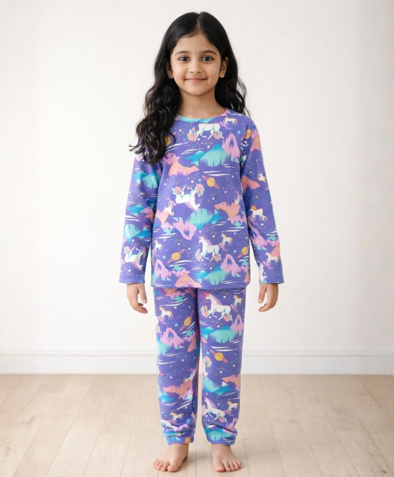ANTHRILO Pajama T-Shirt Set for Girls | Kids Night Suit for Girls | Nightwear | 100% Cotton Pyjama Set Unicorn Planet Print Purple | Long Sleeve T-Shirt and Pajama | 12-13 Years - Image 2
