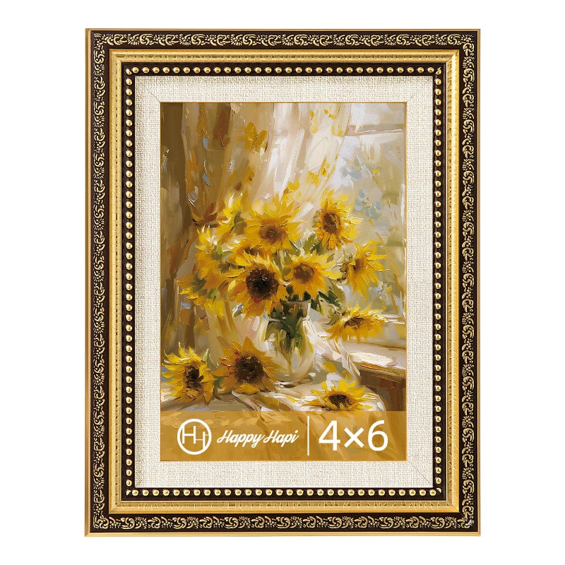 HappyHapi 4x6 Picture Frame Gold, 1 Pack Vintage Picture Frames for Wall or Tabletop Display, Gold 4 x 6 Photo Frame for Wall Decor Retro Home Decor - Image 1