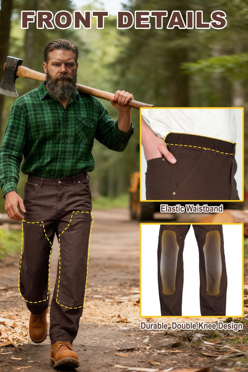 Soojun Men's 13.5 oz Heavyweight Work Pants, Loose Fit Double Knee Carpenter Pants with Flex Waist Dark Brown 40W x 30L - Image 4