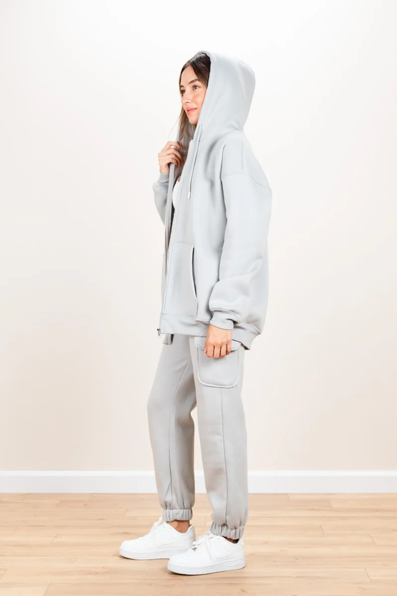 Ecrou Women's Gray Hooded Oversize Basic Knitted Cardigan