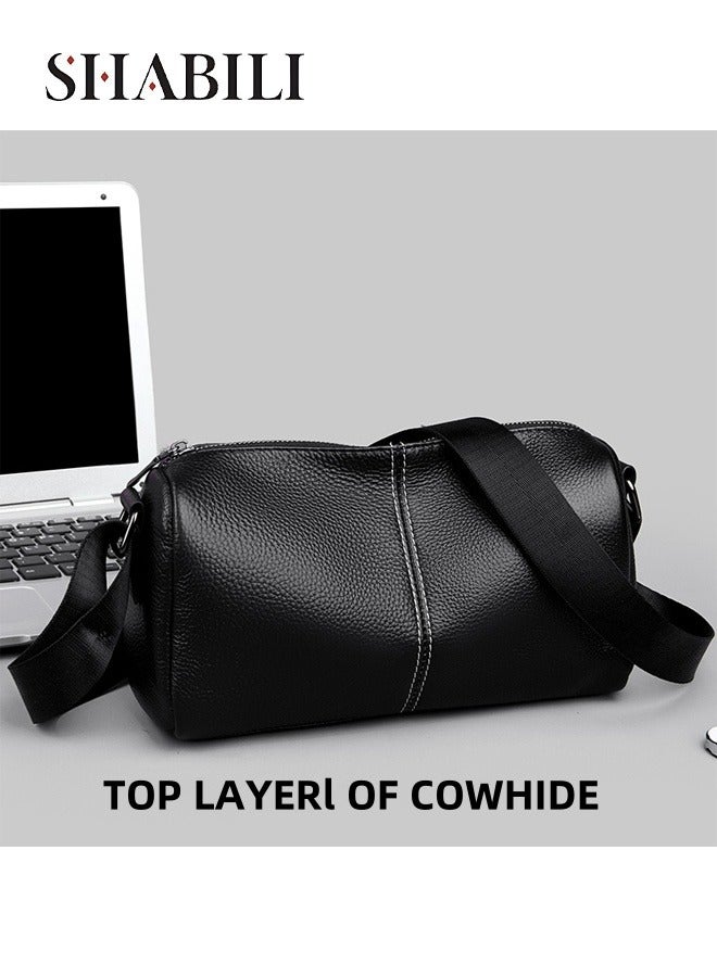 شبيلي حقيبة كتف وكروس رجالية من جلد بقري بسعة كبيرة وجيوب متعددة للسفر والعمل والحفلات والاستخدام اليومي للطلاب والشباب ‎(أسود)‎ - Image 1
