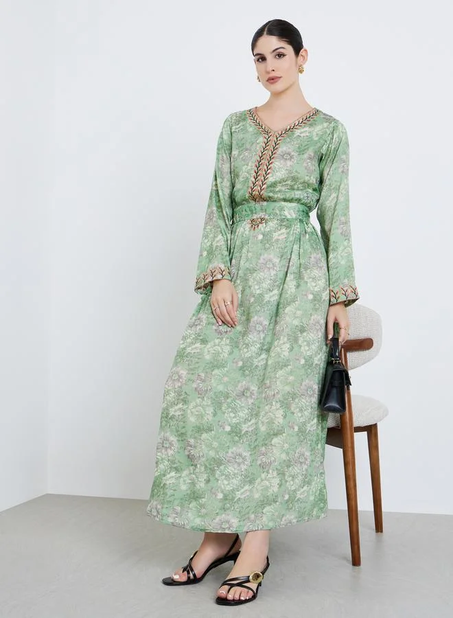 Women Green Floral Printed Embroidered Jalabiya