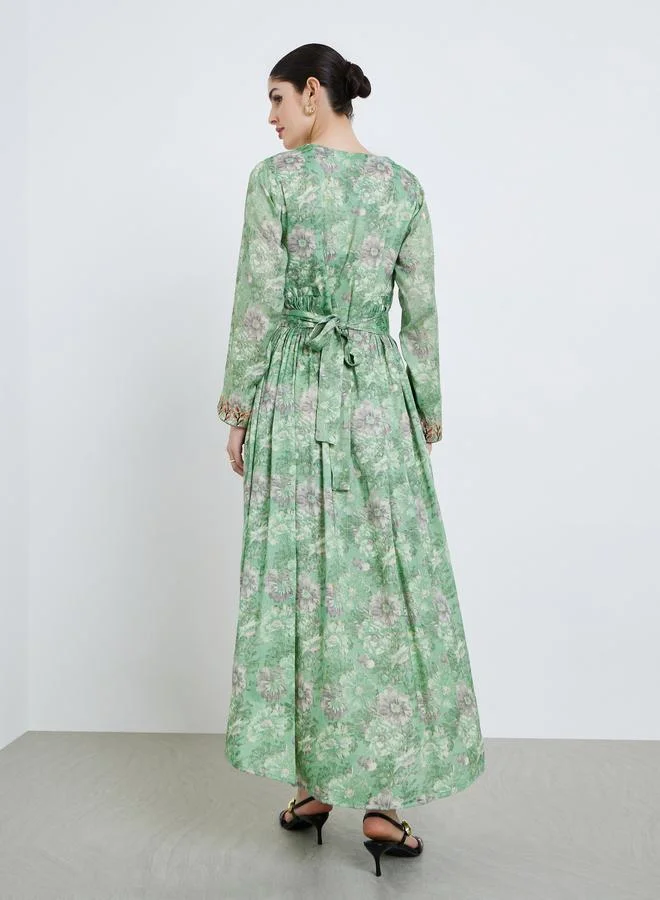 Amirah  Women Green Floral Printed Embroidered Jalabiya for Women | Best Price UAE