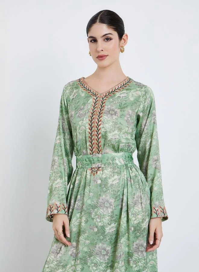 Amirah  Women Green Floral Printed Embroidered Jalabiya for Women | Best Price UAE