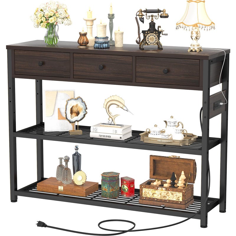 طاولة مدخل إيكوبرسيو 47 مع مآخذ ومنافذ USB طاولة كونسول مع 3 أدراج طاولة أريكة ضيقة وطويلة مع رفوف تخزين لغرفة المعيشة وممر المدخل بتشطيب الجوز الأسود