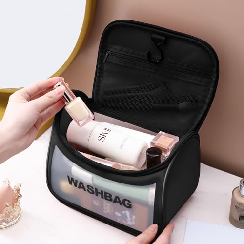 Gowloz Wash Bag Half Round (Black) with Hanging Hook – Waterproof Toiletry Bag for Travel, Makeup Organizer Pouch, Personal Care Storage Case (22 x 12 x 16 cm) - Image 2