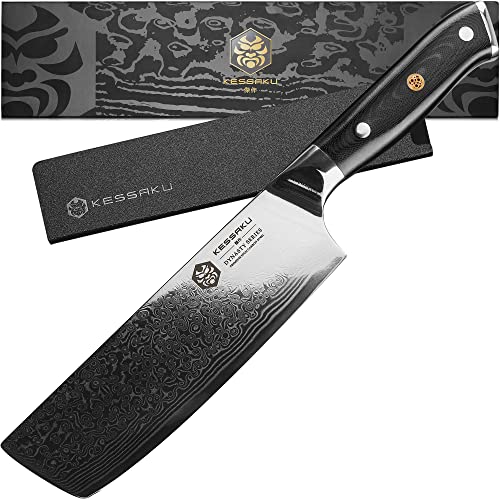 KESSAKU Nakiri Knife - 7 inch - Damascus Dynasty Series - Asian Vegetable Cleaver - Razor Sharp Kitchen Knife - Forged 67-Layer Japanese AUS-10V Stainless Steel - G10 Garolite Handle with Blade Guard - Image 1