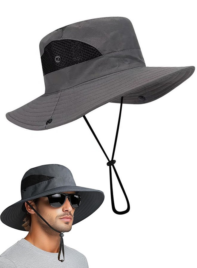 Men Women Sun Hat Cowboy Hat with Straw Wide Brim Bucket Breathable Boonie Hats for Fishing, Hiking, Garden, Beach(Dark grey)  - Image 1