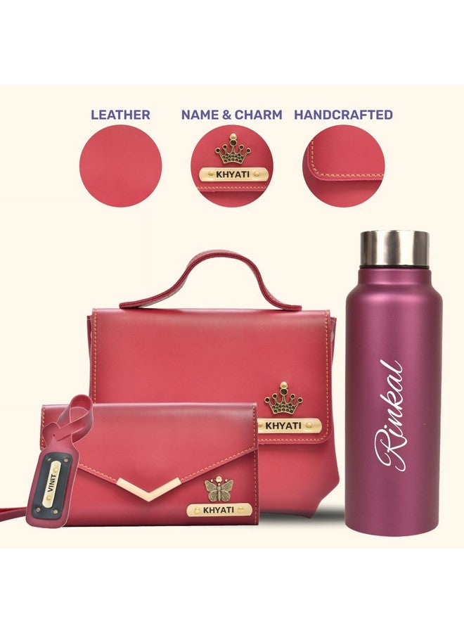 YOUR GIFT STUDIO YOUR GIFT STUDIO Customized Ladies Sling Bag, Wallet, Luggage Tag and Bottle | Personalized Ladies Gift Set with Name Engrave | Anniversay Gift Set for Wife | Birthday Gift Hamper for Women (Wine)  - Image 4