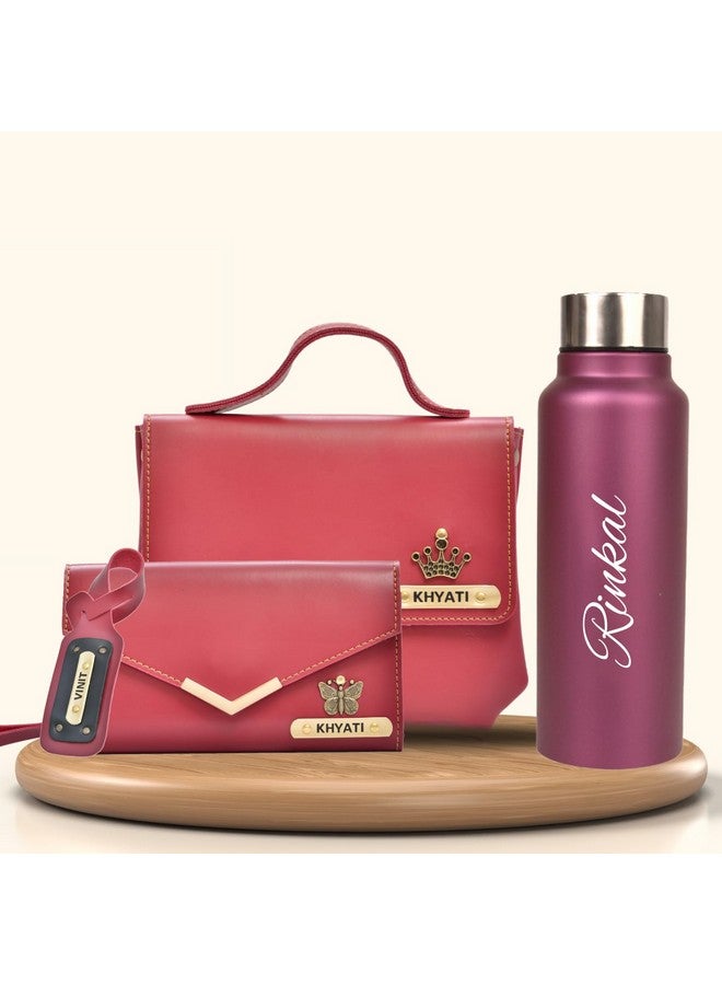 YOUR GIFT STUDIO YOUR GIFT STUDIO Customized Ladies Sling Bag, Wallet, Luggage Tag and Bottle | Personalized Ladies Gift Set with Name Engrave | Anniversay Gift Set for Wife | Birthday Gift Hamper for Women (Wine)  - Image 5