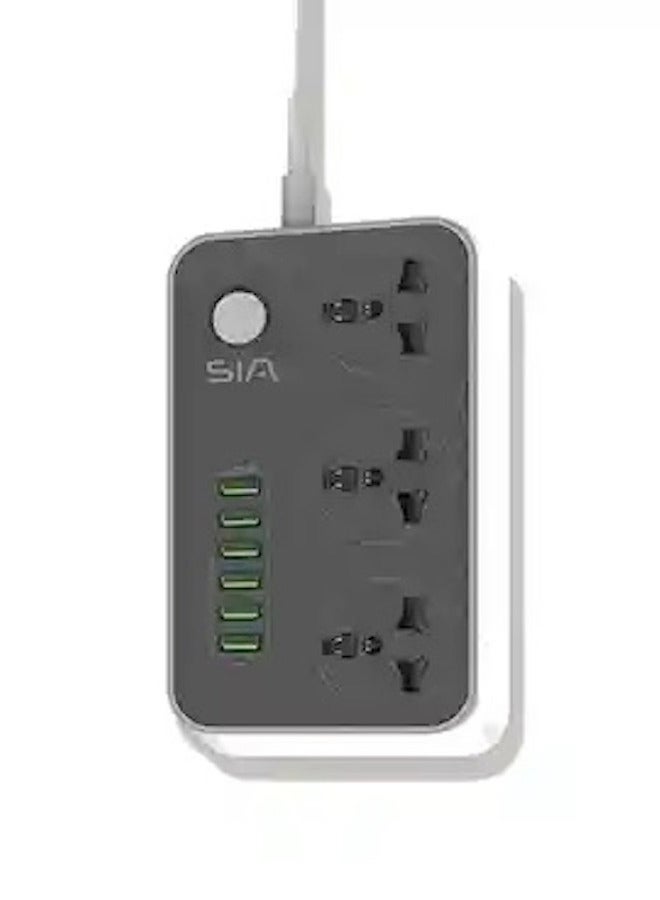 SIA Power Strip, 6 USB-A Ports, 3 Power Sockets, Black and White – SI-PS001G