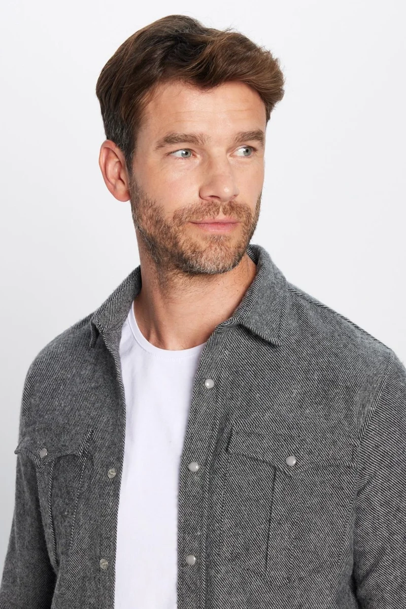 تودورس Men's Slim Fit Slim Fit Lumberjack Double Pocket Flap Plain Gray Shirt