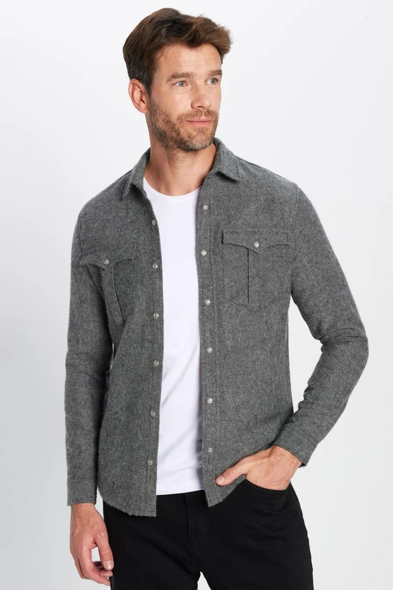 تودورس Men's Slim Fit Slim Fit Lumberjack Double Pocket Flap Plain Gray Shirt
