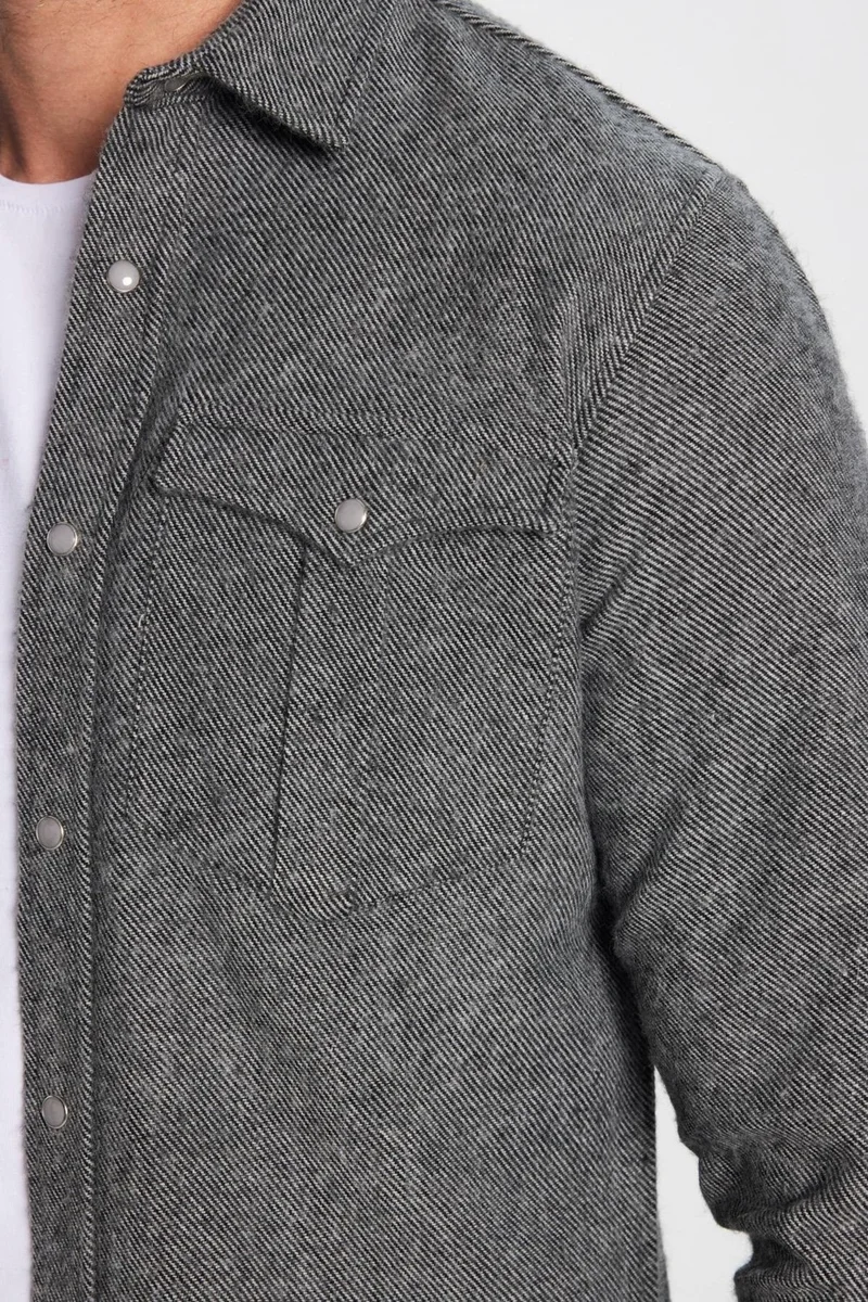 تودورس Men's Slim Fit Slim Fit Lumberjack Double Pocket Flap Plain Gray Shirt